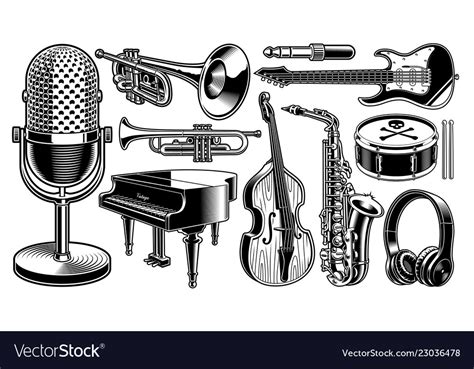 Set of black and white musical instruments Vector Image