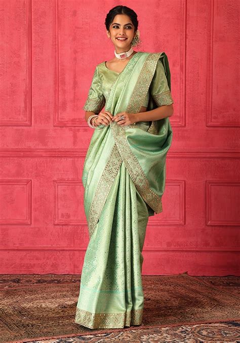 Buy Women Light Green Banarasi Brocade Saree Set With Stitched Blouse