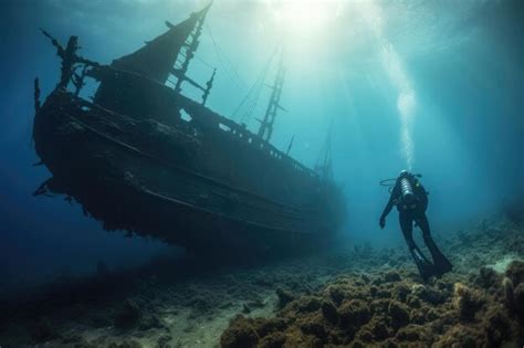 Premium Photo A Diver Explore A Ship Wreck Underwater At The Bottom Of The Sea Ai Generated