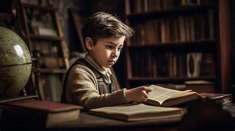 Premium Photo | A boy reading a book in a library