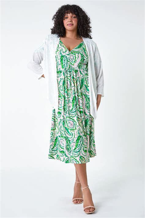 Green Curve Ruched Front Paisley Print Dress Roman Uk