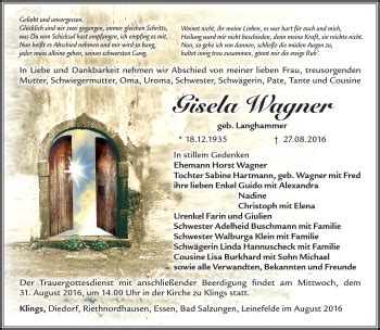 Traueranzeigen Von Gisela Wagner Franken Gedenkt De