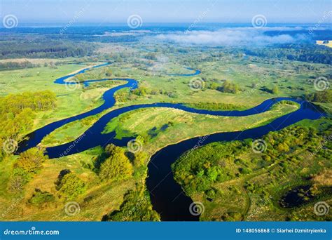 Summer Nature Landscape From Above River Aerial View Green Meadow On