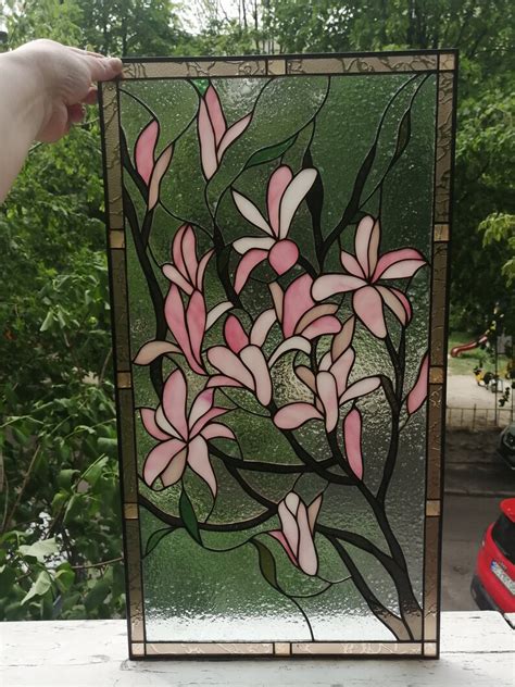 Magnolia Flower Stained Glass Panel Suncatcher Etsy