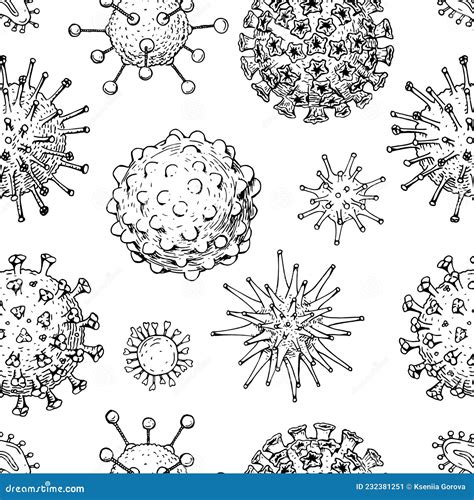 Hand Drawn Virus Seamless Pattern In Sketch Style Microscope Virus