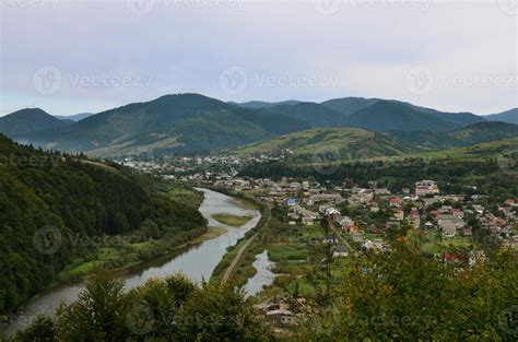 A beautiful view of the village of Mezhgorye, Carpathian region. A lot ...