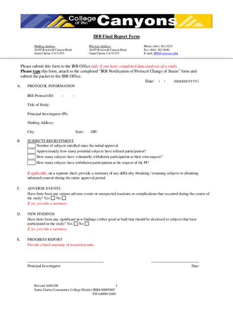 Fillable Online Updates To The IRB Continuing Review Form Fax Email