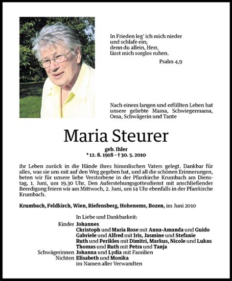 Todesanzeigen Von Maria Steurer Todesanzeigen Vorarlberger Nachrichten