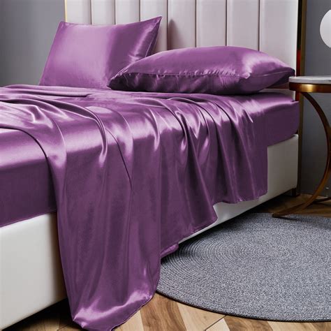 Anminy Luxury Satin Silk Queen Bed Sheet Set Lavender Stripe Deep Pocket 4 Pieces