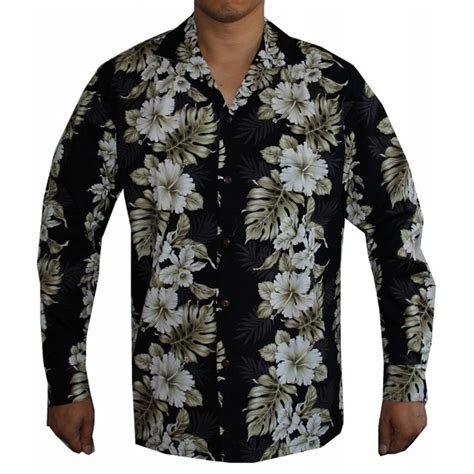 Mens Long Sleeve Floral Panel Hawaiian Aloha Shirt Black C5129uyh8j9