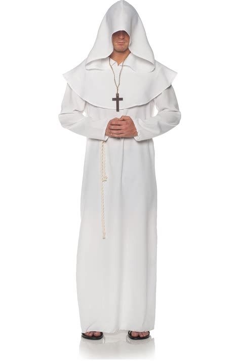 White Priest Pastor Monk Robe Collar Attached Hood Religious Costume