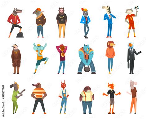 Humanized Animal Characters Wearing Human Clothing in Standing Pose ...