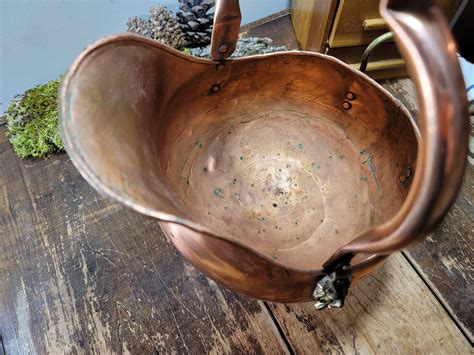 Vintage Copper Brass Large Coal Scuttle Bucket Ceramic Handles Lion