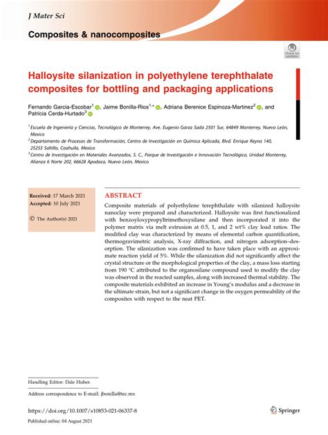 (PDF) Halloysite silanization in polyethylene terephthalate composites for bottling and ...