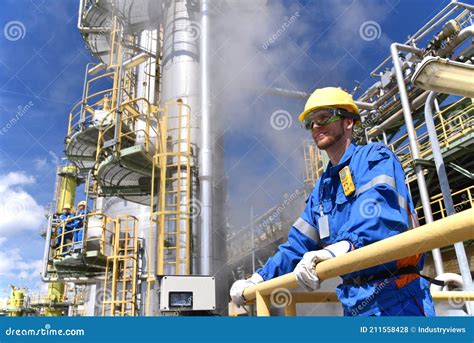 Chemical Industry Plant Workers In Work Clothes In A Refinery With