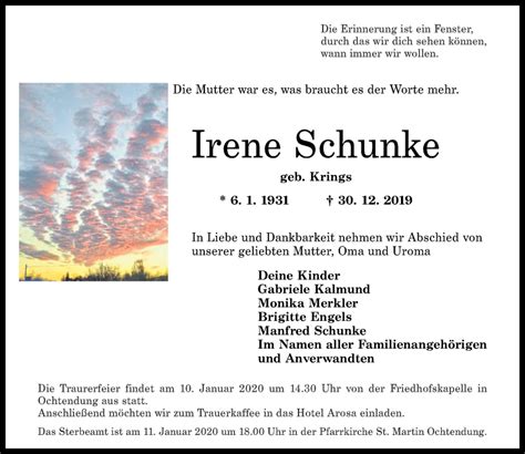 Traueranzeigen Von Irene Schunke Rz Trauer De