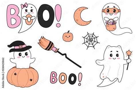 Cute Kawaii Halloween Ghosts Cartoon Characters Cute Vector Ghosts Icons Halloween Design Set