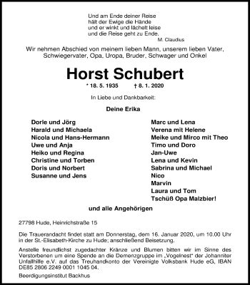 Traueranzeigen Von Horst Schubert Nordwest Trauer De