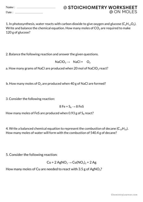 Free Printable Mass To Mole Stoichiometry Worksheets