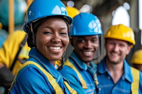 Grupo de trabajadores de la construcción sonrientes vestidos con