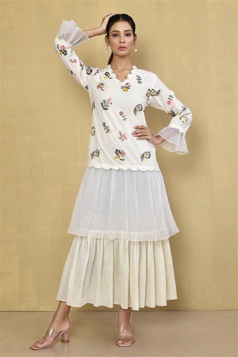 Buy Naintara Bajaj White Cotton Floral Embroidered Dress Online Aza