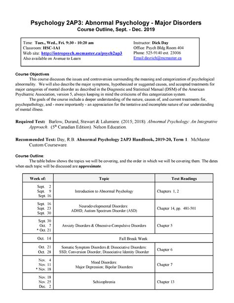 Psych 2AP3 Term 1 Course Outline 2019 2020 Psychology 2AP3 Abnormal