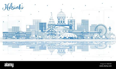 Outline Helsinki Finland City Skyline With Blue Buildings And