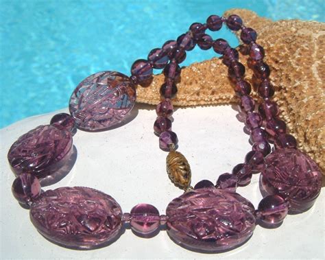 Vintage Purple Amethyst Czech Carved Art Glass Bead Necklace