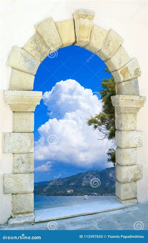 Sea View Through Traditional Greek Window Stock Image Image Of