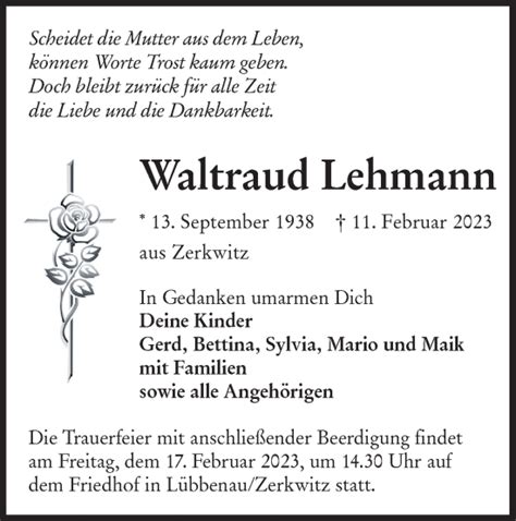 Traueranzeigen Von Waltraud Lehmann Lr Online Trauer De