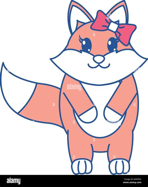 Line Color Adorable Female Fox Animal With Ribbon Bow Stock Vector