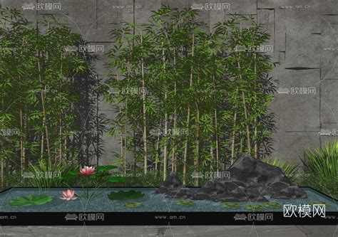 新中式竹子假山荷花池园艺小品su模型 免费3dmax模型库 欧模网