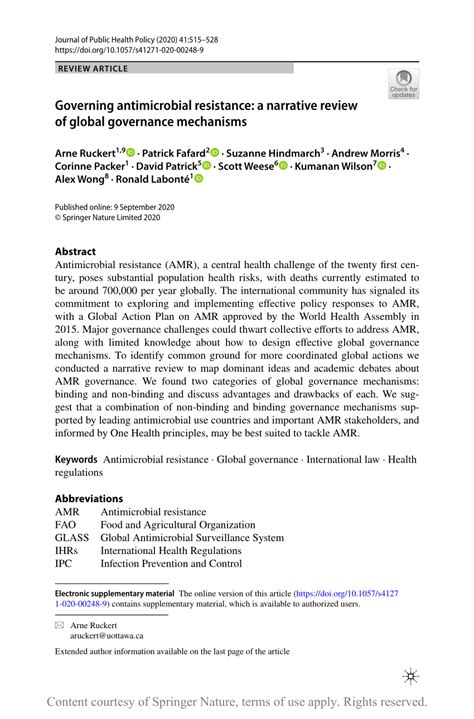 Governing Antimicrobial Resistance A Narrative Review Of Global