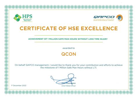 QAPCO 1 Million Safe Man Hours With Out Loss Time Injury Qcon