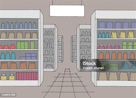 Grocery Store Shop Interior Color Graphic Sketch Illustration Vector