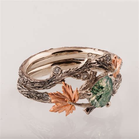 Twig And Leaf Bridal Set Moss Agate Engagement Ring Maple Leaf Ring