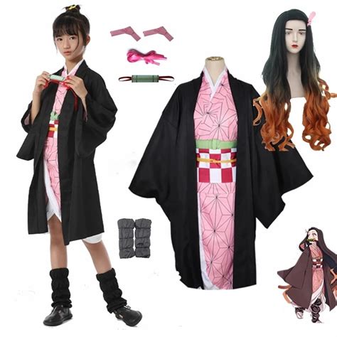 Kids Anime Demon Slayer Kimetsu No Yaiba Nezuko Cosplay Wigs Kimono