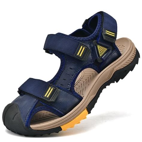 Sandales Hommes Cuir Plage Bleu Talon Plat Outdoor Bleu