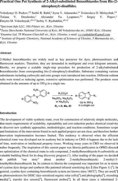 Practical One Pot Synthesis Of 2 Alkyl Substituted Benzothiazoles From Bis 2 Nitrophenyl