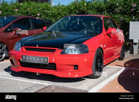 A Classic Red Japanese Sports Car Honda Civic Ek Of The Sixth Generation At An Exhibit Stock