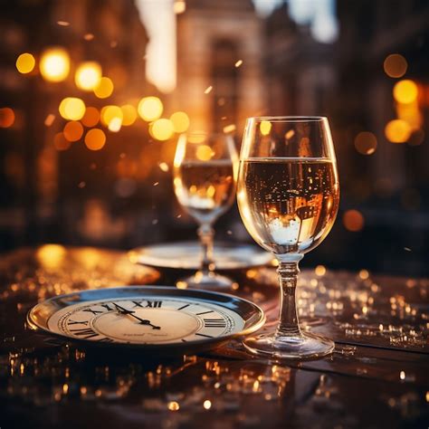 Premium Ai Image Champagne Glasses And Clock At Twelve Against Holiday Lights New Year S Eve