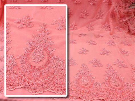 Pink lace fabric with pearls #10069 - Design My Fabric