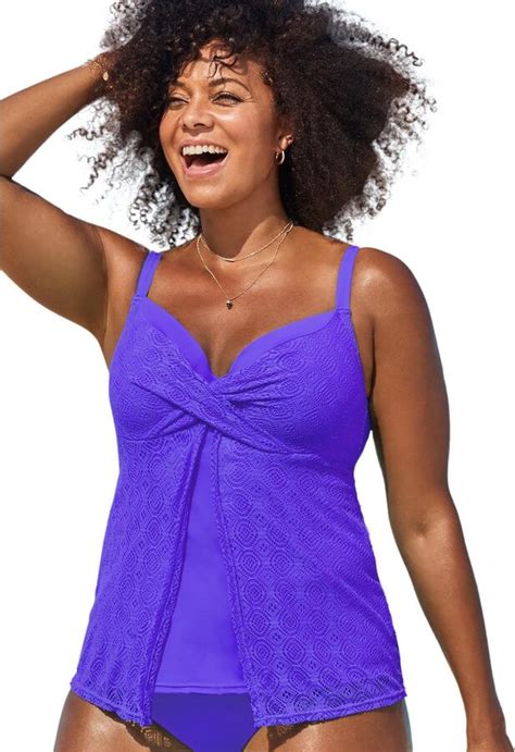 Swimsuits For All Womens Plus Size Faux Flyaway Crochet Underwire Tankini Top 10 Electric