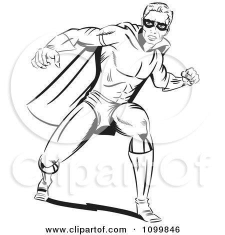 Clipart Retro Black And White Pop Art Super Hero Man In A Punching Stance - Royalty Free Vector ...