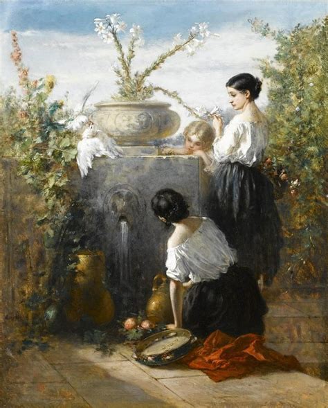 Two Women Washing Their Hands In Front Of A Fountain With Flowers And