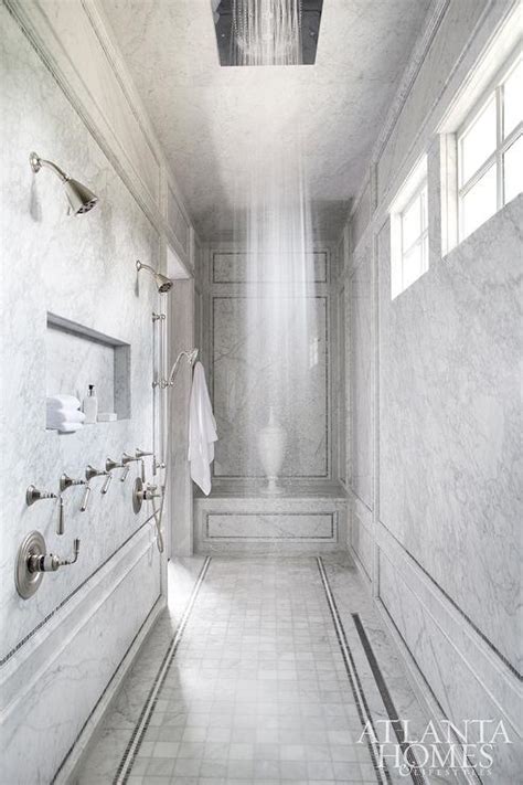 Long Walk In Shower For Two With Multiple Shower Heads Transitional