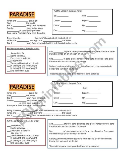 Song Paradise By Coldplay Worksheet Coldplay Paradise Coldplay Esl