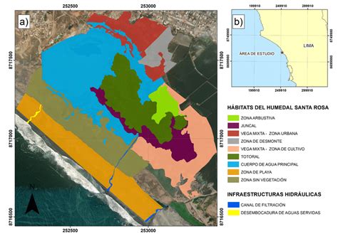 Mapas del humedal Santa Rosa donde se aprecian a sus hábitats y b su