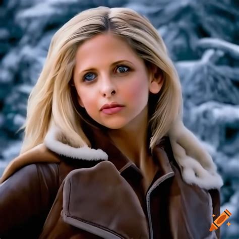 Blonde Actress Resembling Sarah Michelle Gellar In Brown Sheepskin