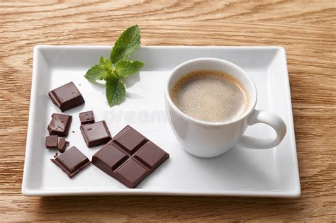 Espresso Coffee With Chocolate Pieces On Plate Stock Image Image Of